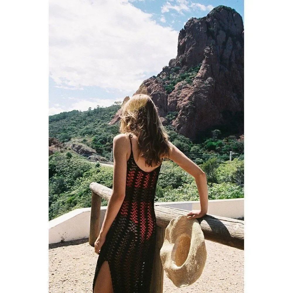 NEW FREE PEOPLE X FLOOK Sz S ANISHA CROCHET TUNIC MIDI DRESS COVERUP BLACK